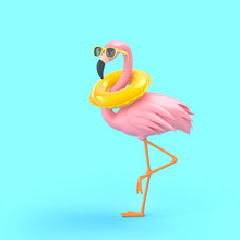 Funny Flamingo In Sunglasses With Swimming Ring On Blue Background