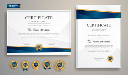 Wall Mural - Gold and blue certificate of achievement template, clean modern design with gold badge