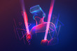 Virtual reality gaming. Man wearing vr headset and using light saber in abstract digital world with neon lines. Vector illustration