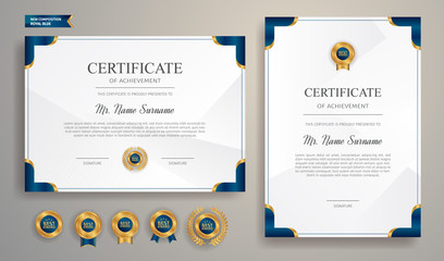Gold and blue certificate of achievement template, clean modern design with gold badge