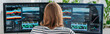 panoramic shot of editor working near computer monitors