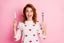 Close-up Portrait Of Nice Attractive Hungry Cheerful Cheery Foxy Wavy-haired Girl Holding In Hands Crockery Want Wish Tasty Yummy Meal Cafe Fast Delivery Isolated On Pink Pastel Color Background