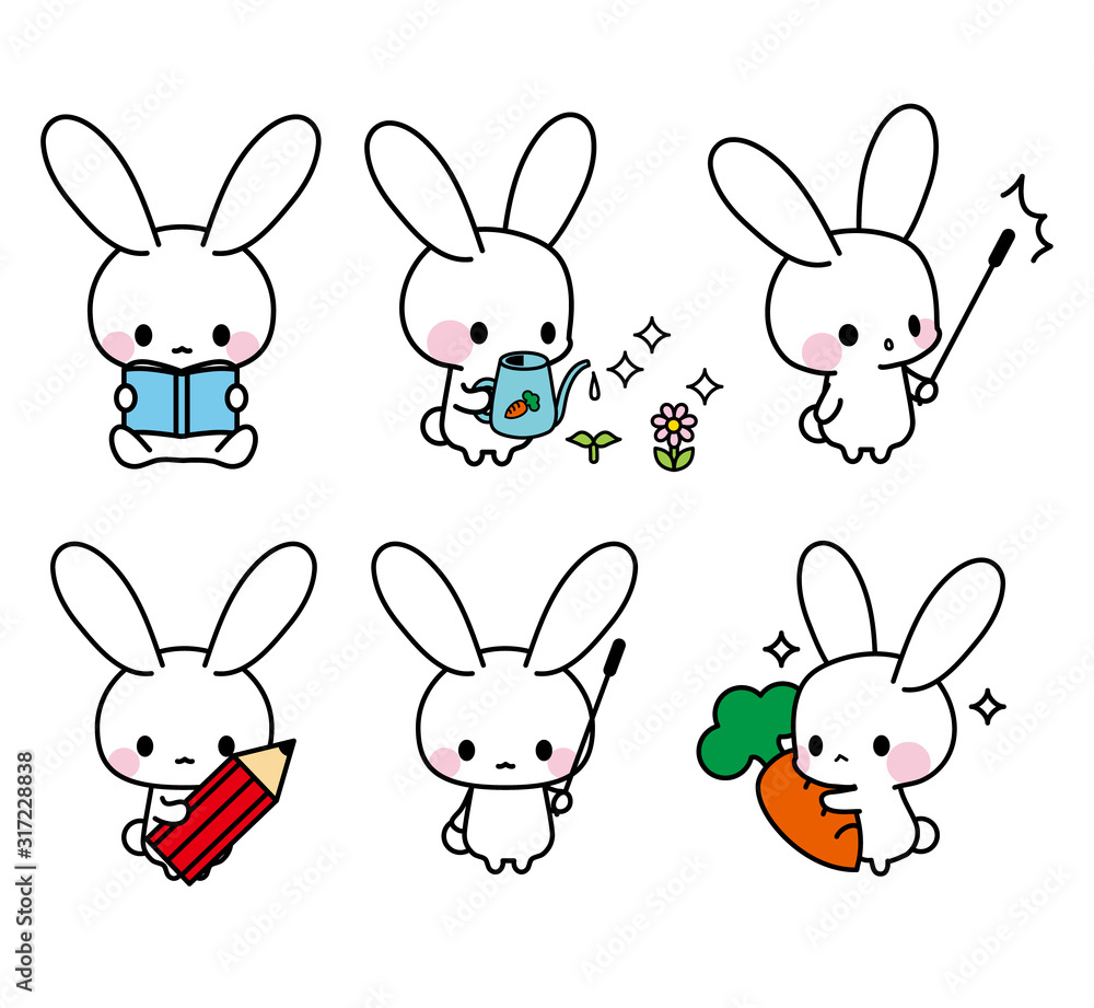 うさぎのイラスト・アイコン・本を読む・花に水をあげる・ここが