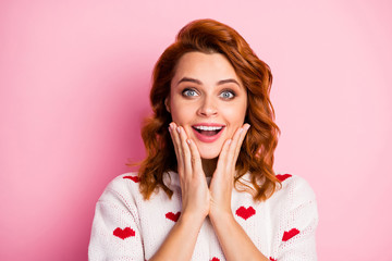 Wall Mural - Close-up portrait of her she nice attractive pretty cute cheerful cheery delighted glad wavy-haired girl wearing white pullover good pleasant news reaction isolated over pink pastel color background