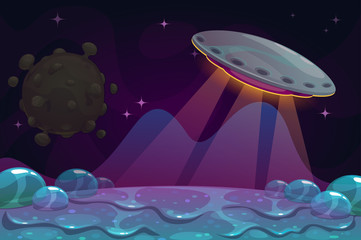 Slime world backcround. Fantasy alien landscape with UFO and slimy ground.