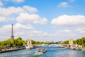 Wall Mural - Cityscape of Paris, France, with a bateau-mouche cruising on the river Seine, the Alexandre III bridge, the Eiffel tower on the left and the Chaillot palace in the distance by a sunny summer day.