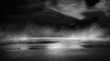 © MiaStendal - Dramatic black and white background. Cloudy night sky, moonlight, reflection on the pavement. Smoke and fog on a dark street at night.