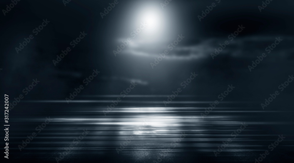 Dramatic black and white background. Cloudy night sky, moonlight, reflection on the pavement. Smoke and fog on a dark street at night. - obrazy, fototapety, plakaty 