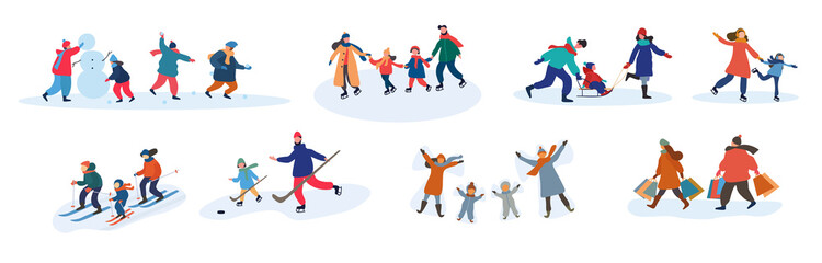 Wall Mural - Set of eight different vector family activities in winter with parents and young children making a snowman, skiing, skating, tobogganing, playing ice hockey, celebrating in the snow and shopping