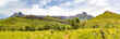Panorama of the Amphitheatre and a hiking trail to Policeman's Helmet, Drakensberg mountains, Royal Natal National Park, South Africa