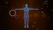 © VFX - 3D Avatar showing holographic projection of man body rotating over particles background.