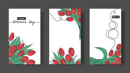 Wall Mural - Women's day vector set of greeting cards. Social media stories templates with tulips. March 8 minimalistic , simple card set.