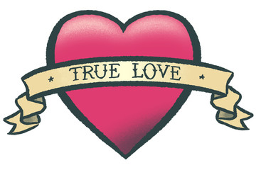 hand drawn heart with text “true love” on a ribbon. imitation of old tattoo style.