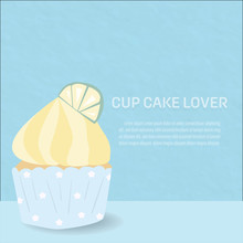 Sweet And Sour Cupcake Decorate With Lemon And Cream Put On Paper Blue Pastel Background.snack For Bakery Product Food Lover With Nice Wording