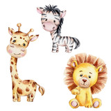 Fototapeta Fototapety na ścianę do pokoju dziecięcego - Set with cute cartoon giraffe, zebra and lion; watercolor hand draw illustration; with white isolated background