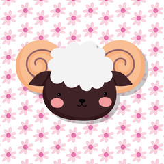 Sticker - ram face farm animal cartoon flowers background