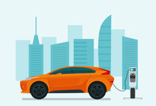 Electric Compact CUV Car On A Background Of Abstract Cityscape. Electric Car Is Charging, Side View. Vector Flat Illustration.