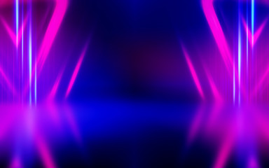 abstract dark background with blue and pink neon glow. neon light lines. show empty stage background
