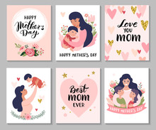 Happy Mothers Day Greeting Cards. Set Of Calligraphy Backgrounds And Cartoon Mom With Daughter & Son. Vector Illustration.