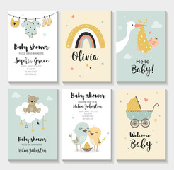 baby shower invitation birthday greeting cards, vector illustration