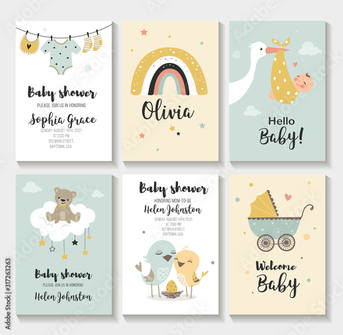 Cuadros en Lienzo Baby shower invitation birthday greeting cards, vector illustration
