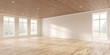 Mock-up of white empty room and wood laminate floor with sun light cast the shadow on the wall,Perspective of minimal inteior design on nature background. 3D rendering.