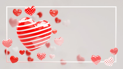 3D red white modern Stripe dot heart on white background. 3D illustration with frame. beautiful love banner or greeting card. Place for text