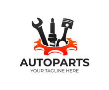 Autoparts In Gear, Auto Piston, Spark Plug And Wrench, Logo Design. Automotive Parts, Automobile Detail And Repairing Car, Vector Design And Illustration