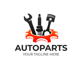 Autoparts in gear, auto piston, spark plug and wrench, logo design. Automotive parts, automobile detail and repairing car, vector design and illustration