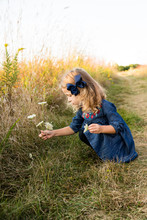 Young Girl In A Dress Picking Wildflowers Outdoors
