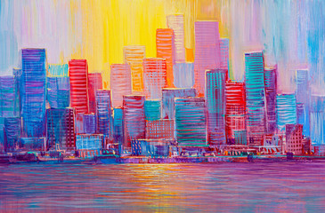  Artistic painting of skyscrapers.  Abstract style. Cityscape panorama.