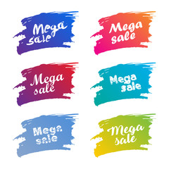 Sticker - Set of mega sale promo in different fonts and colors on grunge brush