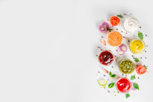 Set Of Sauces In Small Bowls - Ketchup, Mayonnaise, Mustard, Bbq Sauce, Pesto, Classic Burger Sauce, With Spices And Herbs In. White Background Copy Space Top View
