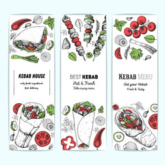 Doner kebab cooking and ingredients for kebab, sketch illustration. Arabic cuisine banner collection. Fast food menu design elements. Shawarma hand drawn. Middle eastern food.