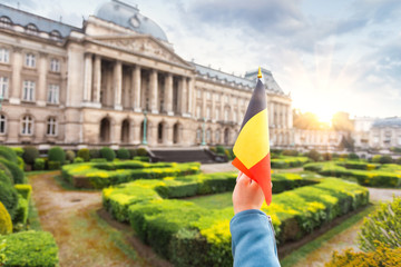 Wall Mural - Woman holding Belgium flag in the background of the royal palace in Brussels