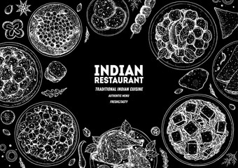 Wall Mural - Indian food illustration. Hand drawn sketch. Indian cuisine. Doodle collection. Vector illustration. Menu background. Engraved style.