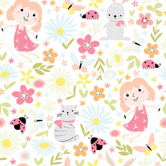 Summer seamless pattern with cute girls