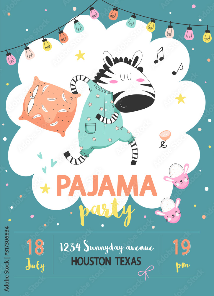 Pajama party poster with zebra - obrazy, fototapety, plakaty 