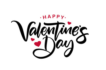 Wall Mural - happy valentine's day. handwritten calligraphic lettering with red hearts.