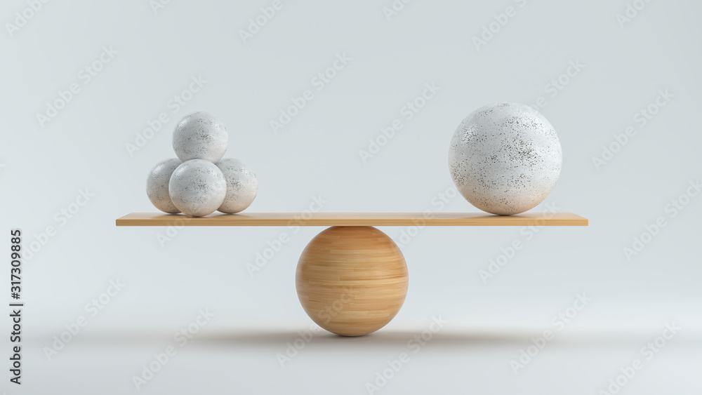 wooden scale balancing one big ball and four small ones Stock Photo ...