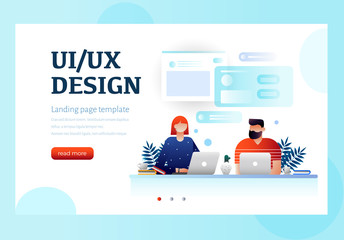 UI design concept with character and text for designer. Device content place infographic. Software group, UX/UI design, workflow, development process
