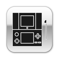 Black Portable video game console icon isolated on white background. Gamepad sign. Gaming concept. Silver square button. Vector Illustration