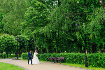 Wall Mural - the newlyweds are holding hands and walking in a beautiful park.