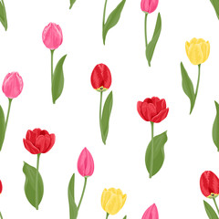 Wall Mural - Colorful bright tulips seamless pattern. Red, yellow, pink flowers tulips and green leaves on a white background. Vector floral spring illustration.