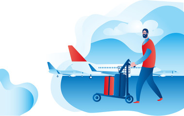 Wall Mural - An elderly man with suitcases is boarding a plane.Vector illustration on the theme of travel of elderly people.