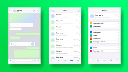 Mobile messenger screen inspired by whatsapp. Whats ap application mockup. Phone chat with voicemail or audio message. Whats App layout of private account for business. Vector illustration.