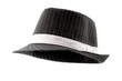 Chic hats and formal attire concept black pinstripe fedora hat isolated on white background with clipping path cutout using ghost mannequin technique