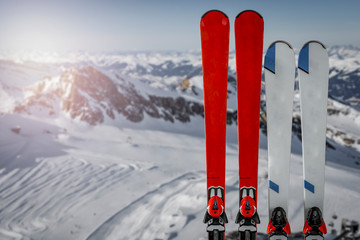 Poster - Winter background of ski and white wall 