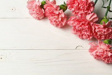 Pink carnation flowers on white wood.