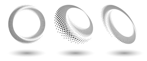 Leinwandbilder - Halftone circle frame, abstract dots logo emblem design element for any project. Round border icon or backgroud. Abstract dotted halftone vector with differents perspective